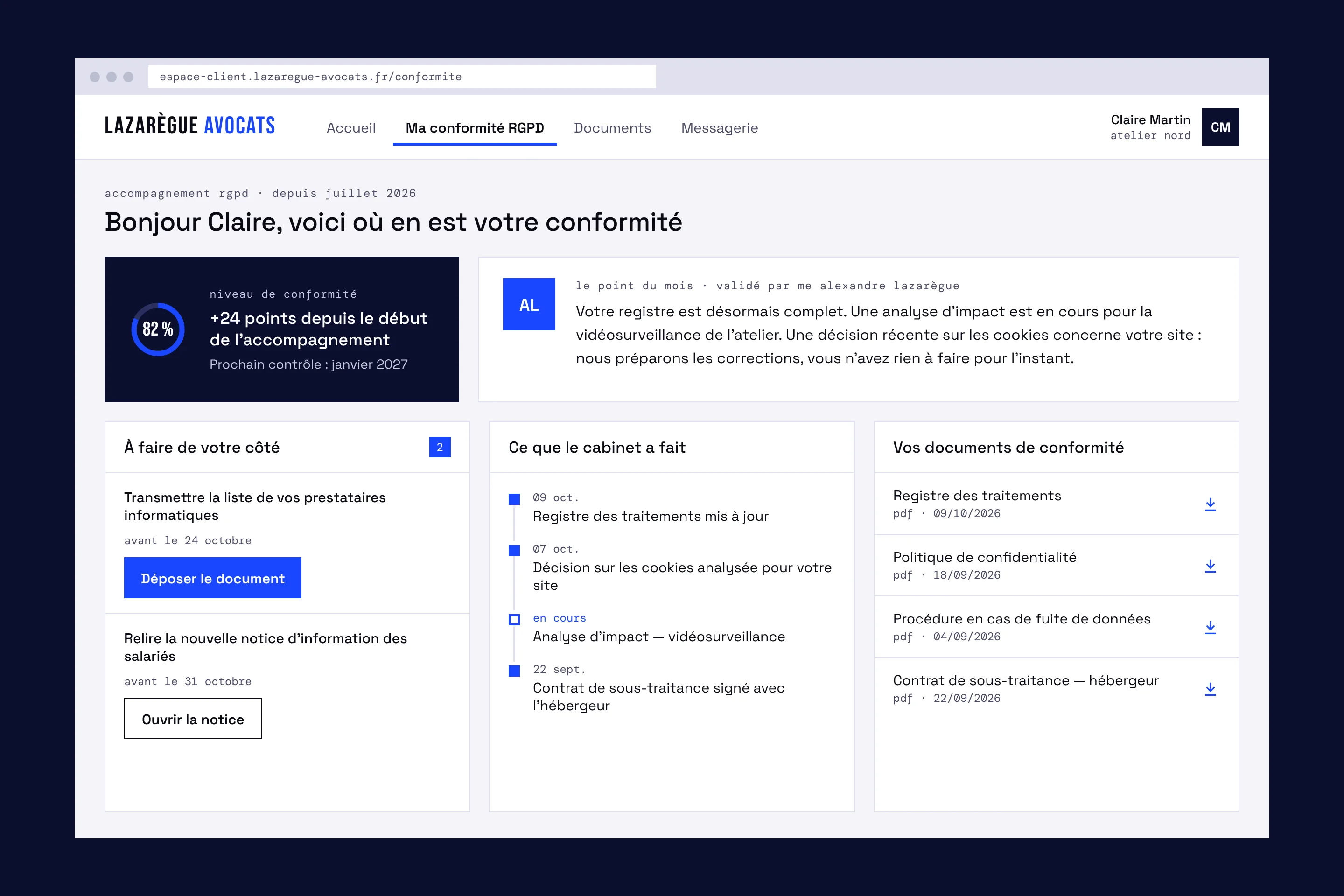 Espace client du cabinet : niveau de conformité RGPD, actions à mener, travaux réalisés et documents de conformité