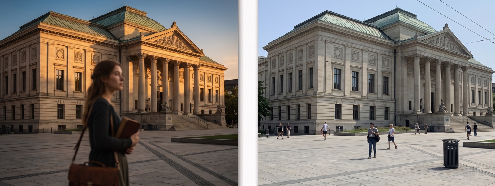 Comparaison entre une prise de vue architecturale à parti pris esthétique et une reproduction technique d’un bâtiment public