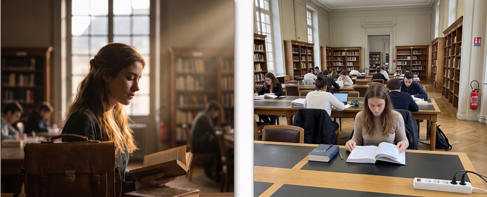 Portrait en lumière travaillée dans une bibliothèque face à un instantané fonctionnel de salle de lecture, illustrant l’expression artistique