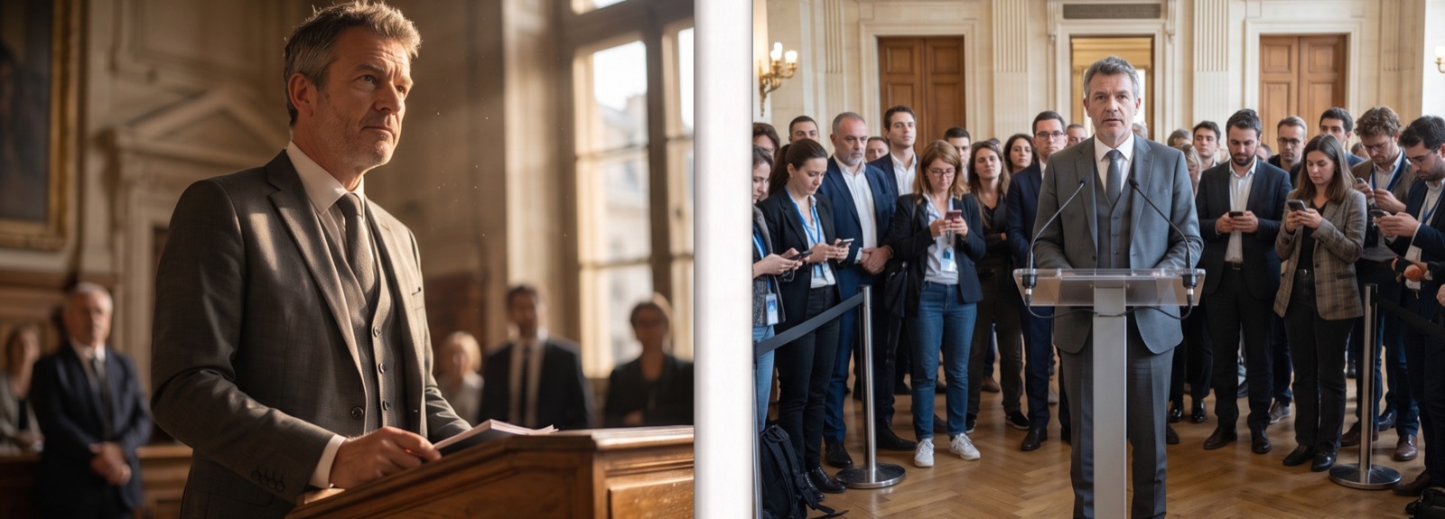 Comparaison du critère d’originalité en droit d’auteur : à gauche un portrait aux choix créatifs assumés, à droite un instantané fonctionnel de conférence de presse non protégeable