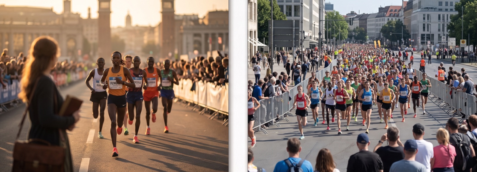 Deux photographies d’un marathon : cadrage et lumière travaillés d’un côté, plan large fonctionnel de l’autre, pour illustrer le seuil d’originalité