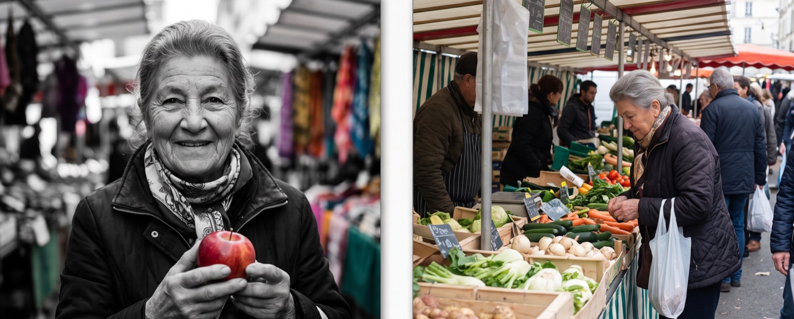 Portrait noir et blanc composé sur un marché face à un cliché technique d’étal, illustrant la touche personnelle en photographie